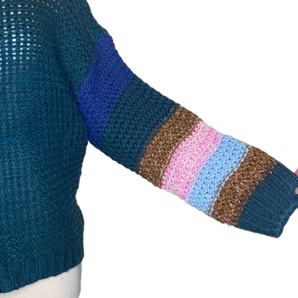 Heartloom Women’s Large Open Knit Sweater Teal Multi Color Block Sleeves Boho - Picture 9 of 9